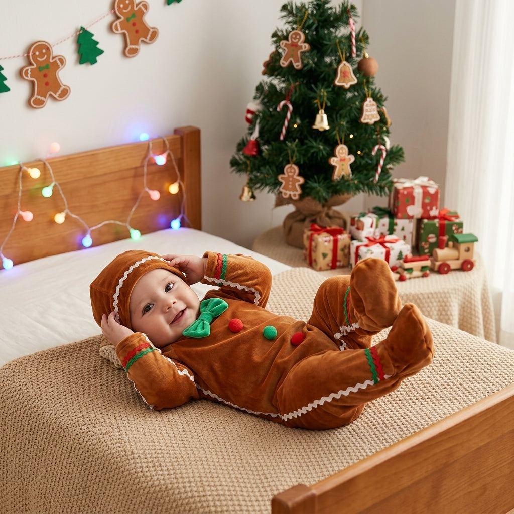 Cute Baby Gingerbread Costume Adorable Christmas Infant Romper Hat Set