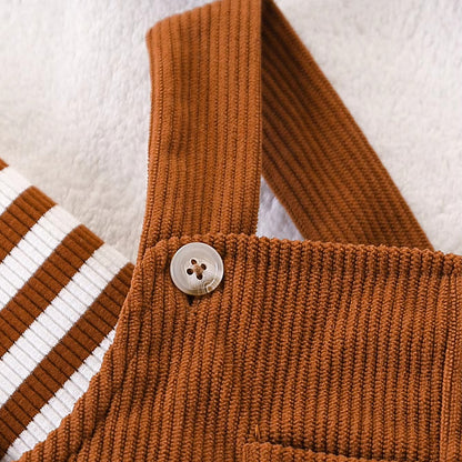 Baby Football Outfit Set, Striped Jumpsuit & Corduroy Patch Overalls