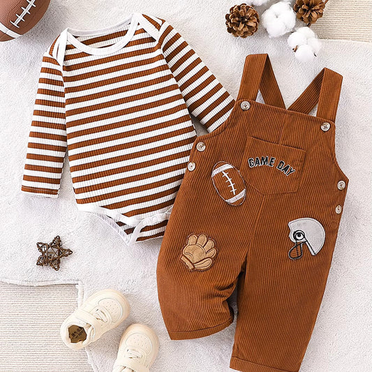 Baby Football Outfit Set, Striped Jumpsuit & Corduroy Patch Overalls