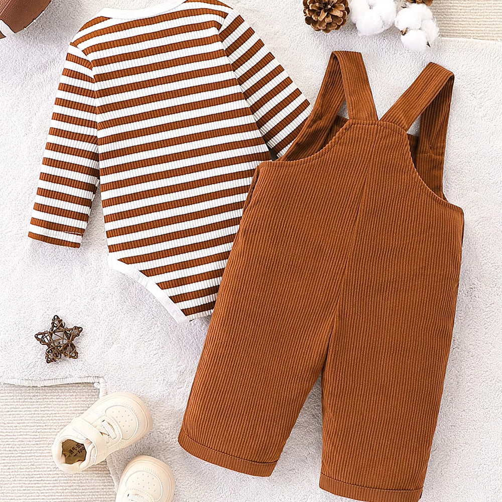 Baby Football Outfit Set, Striped Jumpsuit & Corduroy Patch Overalls
