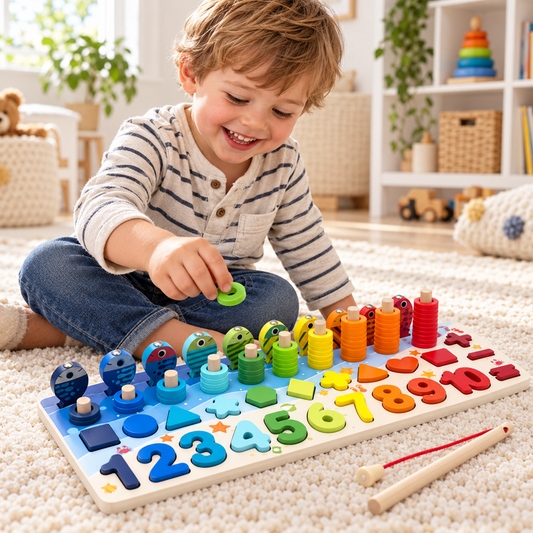 Montessori Wooden Counting & Fishing Board Toy for Toddlers, Number and Shape Matching Puzzle