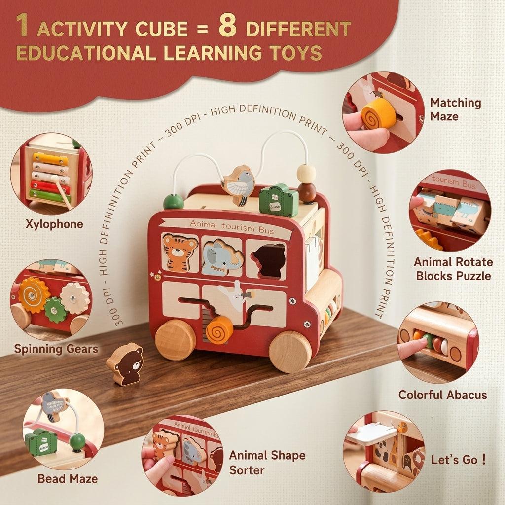 Animal Car Montessori Wooden Activity Cube Educational Toys for Toddlers