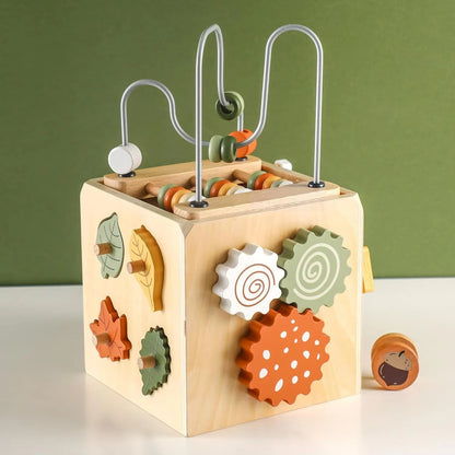 Montessori Wooden Activity Cube with Shape Sorter & Ball Drop