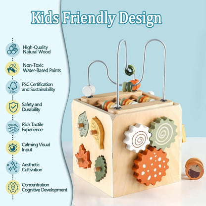 Montessori Wooden Activity Cube with Shape Sorter & Ball Drop