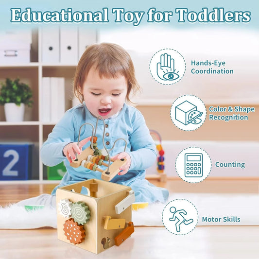 Montessori Wooden Activity Cube with Shape Sorter & Ball Drop