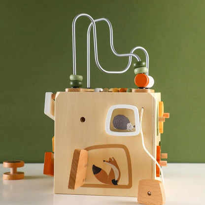 Montessori Wooden Activity Cube with Shape Sorter & Ball Drop