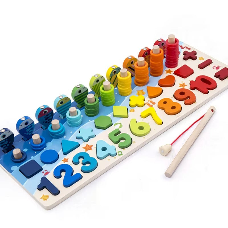 Montessori Wooden Counting & Fishing Board Toy for Toddlers, Number and Shape Matching Puzzle