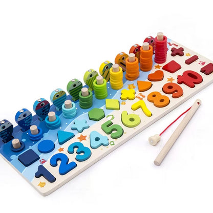 Montessori Wooden Counting & Fishing Board Toy for Toddlers, Number and Shape Matching Puzzle